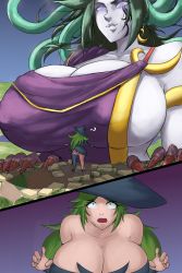 Rule 34 | 2girls, absurdres, blush, breasts, colored skin, covered erect nipples, earrings, fangs, female focus, giant, giantess, green eyes, green hair, hat, highres, huge breasts, jewelry, kid icarus, la potato, medusa (kid icarus), multiple girls, nintendo, palutena, purple eyes, size difference, snake hair, sweat, tattoo, white skin, witch hat