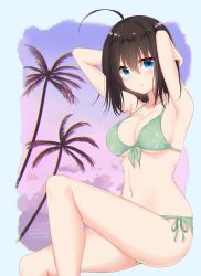 Rule 34 | 1girl, armpits, arms behind head, arms up, bad id, bad pixiv id, bikini, black hair, blue eyes, blue sky, blush, breasts, chromatic aberration, cleavage, cloud, cloudy sky, commentary request, green background, highres, invisible chair, legs, light blush, looking at viewer, lycorisia elle, medium breasts, medium hair, navel, nerisan, original, outdoors, palm tree, parted lips, print bikini, side-tie bikini bottom, sitting, skindentation, sky, solo, swimsuit, tree