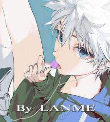 Rule 34 | 1boy, bishounen, blue eyes, blue hoodie, candy, child, chupa chups, earphones, eyelashes, food, from above, from side, hair between eyes, holding, holding candy, holding food, hood, hoodie, hunter x hunter, killua zoldyck, knee up, lollipop, looking at viewer, looking up, lower teeth only, male focus, parted lips, portrait, short hair, simple background, sitting, socks, solo, sunlight, teeth, tongue, white hair, white socks, yxhd5725