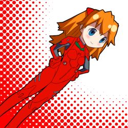 Rule 34 | 1girl, blue eyes, blush, bodysuit, breasts, dutch angle, from side, gloves, hair ornament, halftone, halftone background, hands on own hips, light smile, long hair, looking to the side, neon genesis evangelion, orange hair, pilot suit, plugsuit, red hair, skinny, small breasts, smile, solo, souryuu asuka langley, standing, turtleneck, two side up