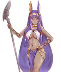 Rule 34 | 1girl, animal ears, belly chain, bracelet, breasts, commentary, dark-skinned female, dark skin, egyptian, egyptian clothes, facepaint, facial mark, fate/grand order, fate (series), hand on own hip, highres, holding, holding staff, jackal ears, jewelry, long hair, looking at viewer, low-tied long hair, medium breasts, navel, nitocris (fate), pelvic curtain, purple eyes, purple hair, simple background, smile, solo, staff, standing, stomach, usekh collar, white background, zumizu