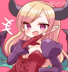 Rule 34 | 1girl, :d, bad id, bad pixiv id, bat wings, blonde hair, breasts, cleavage, demon girl, dress, horns, juliet sleeves, laughing, lilith (p&amp;d), long hair, long sleeves, mashiro miru, ojou-sama pose, open mouth, puffy sleeves, purple eyes, puzzle &amp; dragons, simple background, smile, solo, twitter username, wings