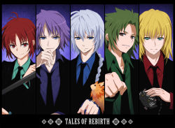 Rule 34 | 5boys, animal, blonde hair, braid, clenched hand, column lineup, copyright name, green hair, green shirt, male focus, mao (tales), milhaust selkirk, multiple boys, necktie, purple background, purple hair, puu (aiko), red hair, saleh, shirt, tales of (series), tales of rebirth, tytree crowe, veigue lungberg, white hair