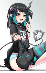 Rule 34 | 1girl, :d, absurdres, black dress, black hair, blue hair, blue panties, blue thighhighs, blush, clothes lift, commentary request, cross print, demon girl, demon horns, demon tail, dress, dress lift, eye hair ornament, eye of providence, fang, feet out of frame, flat chest, grey thighhighs, highres, horns, jewelry, lifting own clothes, looking at viewer, medium bangs, medium hair, multicolored hair, multiple rings, nanashi inc., one side up, open mouth, orange-bird, panties, pointy ears, print dress, red eyes, ring, shishio chris, shishio chris (3rd costume), short sleeves, single thighhigh, sitting, skin fang, smile, solo, striped clothes, striped thighhighs, sugar lyric, tail, thighhighs, two-tone hair, underwear, virtual youtuber, white background, wristband