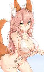 Rule 34 | 10s, 1girl, animal ear fluff, animal ears, bikini, bottomless, breasts, cleavage, closed mouth, cowboy shot, fang, fang out, fate/extra, fate (series), fox ears, fox tail, front-tie bikini top, front-tie top, hair between eyes, highres, large breasts, long hair, looking at viewer, navel, pink hair, silver (chenwen), simple background, smile, solo, swimsuit, tail, tamamo (fate), tamamo no mae (fate/extra), untied bikini, white bikini, yellow eyes