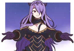 Rule 34 | 1girl, absurdres, armor, breasts, camilla (fire emblem), cleavage, fire emblem, fire emblem fates, gloves, hair over one eye, highres, imminent hug, jeff miga, large breasts, lips, long hair, looking at viewer, nintendo, open hand, open mouth, outstretched arms, purple eyes, purple hair, reaching, reaching towards viewer, smile, solo, spread arms, tiara, very long hair, wavy hair