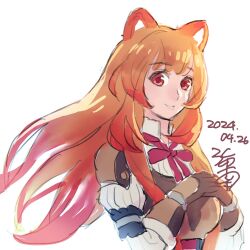 Rule 34 | 1girl, animal ears, armor, black dress, breastplate, breasts, brown gloves, closed mouth, commentary request, dated, dress, floating, floating hair, fur-trimmed gloves, fur trim, gloves, highres, long hair, long sleeves, looking at viewer, minami seira, neck ribbon, orange hair, pauldrons, raccoon ears, raccoon girl, raphtalia, red dress, red eyes, red ribbon, ribbon, shoulder armor, signature, simple background, small breasts, smile, solo, tate no yuusha no nariagari, turtleneck, turtleneck dress, upper body, white background, white dress