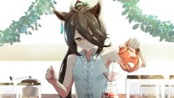 Rule 34 | 1girl, absurdres, ahoge, animal ears, armpits, bare arms, bare shoulders, black hair, breasts, center opening, coffee grinder, collared shirt, earrings, funnel, hair between eyes, highres, horse ears, jar, jewelry, long hair, manhattan cafe (umamusume), mouth hold, multicolored hair, ponytail, pouring, sanami (sanami t 38), shirt, single earring, sleeveless, sleeveless shirt, small breasts, solo, streaked hair, teapot, umamusume, upper body, yellow eyes