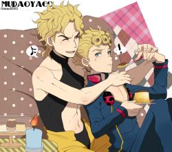 Rule 34 | !, 2boys, age difference, androgynous, bare shoulders, birthmark, blonde hair, blue eyes, bug, cake, candle, character name, cleavage cutout, closed eyes, clothing cutout, dio brando, english text, father and son, food, fork, frown, giorno giovanna, happy, hug, insect, jojo no kimyou na bouken, ladybug, laphy, male focus, multiple boys, musical note, navel, open mouth, plate, pudding, sitting, smile, spoken musical note, transparent, transparent background, vento aureo