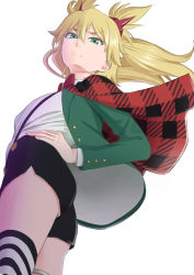 Rule 34 | 1girl, black shorts, blonde hair, bow, bowtie, burn the witch, capelet, easy (aqk7bdqt), floating hair, from below, from side, frown, green eyes, green jacket, hair between eyes, hand on own hip, jacket, long hair, long sleeves, ninny spangcole, open clothes, open jacket, plaid capelet, red bow, red bowtie, red capelet, shirt, short shorts, shorts, simple background, solo, striped clothes, striped thighhighs, suspender shorts, suspenders, thighhighs, twintails, two side up, white background, white shirt