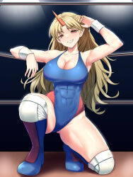 Rule 34 | 1girl, abs, absurdres, blonde hair, blue leotard, blush, breasts, cleavage, commission, elbow pads, highres, horns, hoshiguma yuugi, large breasts, leotard, long hair, looking at viewer, mattyakinako (odango imomushi), muscular, on one knee, pixiv commission, pointy ears, red eyes, single horn, smile, solo, touhou, wrestler, wrestling boots, wrestling outfit, wrestling ring