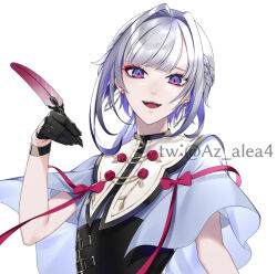 Rule 34 | 1boy, androgynous, arm at side, bishounen, black gloves, blue capelet, braid, capelet, chinese clothes, colored inner hair, crossdressing, earrings, gloves, grey hair, hair intakes, half gloves, hand up, hanfu, holding, holding quill, indie virtual youtuber, jewelry, kogome (azalea4), kogome ari, long hair, low ponytail, male focus, multicolored hair, pointy ears, purple hair, quill, simple background, streaked hair, twitter username, virtual youtuber, white background, wristband