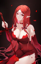 Rule 34 | 1girl, baige0, bare shoulders, black background, blood sword, bow, breasts, choker, closed mouth, collarbone, covered navel, detached sleeves, dress, flower, hair bow, hemokinesis, highres, holding, holding sword, holding weapon, large breasts, long hair, long sleeves, looking at viewer, original, parted bangs, petals, pointy ears, red bow, red choker, red dress, red eyes, red flower, red hair, red rose, rose, rose petals, simple background, sitting, solo, strapless, strapless dress, sword, very long hair, weapon