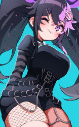 Rule 34 | 1girl, ;), ai candii, aqua background, belt, black hair, blush, breasts, dress, goth fashion, highres, large breasts, long hair, multicolored hair, oggu (neoguloliko), one eye closed, parted lips, purple eyes, purple hair, smile, solo, striped sleeves, tagme, twintails, two-tone hair, vchiban, virtual youtuber