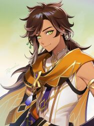Rule 34 | 1boy, artist name, black gloves, braid, brown hair, cape, closed mouth, dark-skinned male, dark skin, elbow gloves, genshin impact, gloves, gold trim, gradient background, green background, green eyes, hair ornament, hashtag-only commentary, highres, long hair, looking at viewer, low ponytail, male focus, orange cape, parted bangs, ponytail, rezoeline, sethos (genshin impact), shirt, sidelocks, signature, simple background, sleeveless, sleeveless shirt, smile, solo, swept bangs, tassel, upper body, white background, white shirt