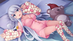 Rule 34 | 1girl, artist request, blue eyes, breasts, buttons, game cg, grey hair, large breasts, long hair, looking at viewer, lying, monster musume no iru nichijou, monster musume no iru nichijou online, official art, on back, on bed, open mouth, pajamas, pink pajamas, pointy ears, solo, stuffed animal, stuffed toy, teddy bear, tierra (monster musume), very long hair