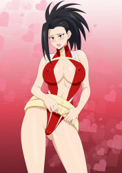 Rule 34 | 10s, 1girl, bare legs, black hair, blush, boku no hero academia, breasts, center opening, curvy, embarrassed, female focus, game cg, high ponytail, highres, large breasts, leotard, lime (purple haze), long hair, looking at viewer, nipples, partially visible vulva, ponytail, red leotard, solo, yaoyorozu momo