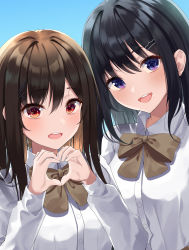 Rule 34 | 2girls, :d, absurdres, bad id, bad twitter id, black hair, blue background, blush, bow, bowtie, brown bow, brown bowtie, brown hair, collared shirt, dress shirt, hair between eyes, hair ornament, hairclip, heart, heart hands, highres, kimae, long hair, long sleeves, looking at viewer, multiple girls, open mouth, original, purple eyes, red eyes, shirt, smile, straight hair, upper body, white shirt, wing collar