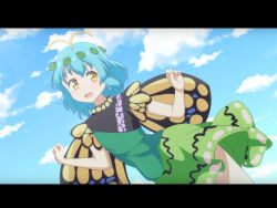 Rule 34 | 1girl, :d, bare arms, blue hair, blue sky, butterfly wings, cato (monocatienus), cloud, commentary request, day, dress, dutch angle, eternity larva, green dress, hair ornament, hands up, insect wings, leaf hair ornament, letterboxed, looking at viewer, medium hair, open mouth, outdoors, sky, smile, solo, touhou, wings, yellow eyes