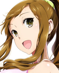 Rule 34 | 10s, 1girl, :d, breasts, brown eyes, glasslip, open mouth, ponytail, portrait, shino (comic penguin club), simple background, smile, solo, sweat, takayama yanagi