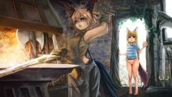 Rule 34 | 2girls, animal ears, apron, arm up, armpits, axe, barefoot, bat wings, blacksmith, blonde hair, blue eyes, bottomless, brown hair, cleft of venus, dog ears, door, doorway, earrings, elin, fire, gloves, hammer, head wings, highres, jewelry, long hair, midriff, multiple girls, no panties, open mouth, pants, purple eyes, pussy, robert knight, shirt, short hair, striped clothes, striped shirt, sword, t-shirt, tail, tank top, tera online, uncensored, weapon, wings