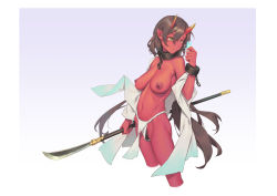 Rule 34 | 1girl, bigrbear, breasts, brown hair, bug, butterfly, chain, closed mouth, collar, colored skin, cowboy shot, cuffs, female pubic hair, fundoshi, green eyes, horns, insect, japanese clothes, large breasts, long hair, metal collar, naginata, navel, nipples, oni horns, pointy ears, polearm, pubic hair, red skin, sagging breasts, simple background, tagme, very long hair, weapon