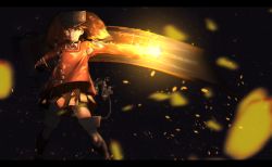 Rule 34 | 1girl, brown eyes, brown hair, cannon, claw pose, closed mouth, expressionless, eyes visible through hair, fire, fireball, flat chest, full body, hair between eyes, hat, japanese clothes, kantai collection, kariginu, long hair, looking at viewer, magatama, miniskirt, nanao (aoyamahikari), onmyouji, outstretched arm, pleated skirt, rigging, ryuujou (kancolle), scroll, shikigami, skirt, smile, solo, sparks, twintails, visor cap