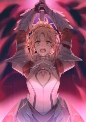 Rule 34 | 1girl, armor, arms up, aura, blonde hair, breastplate, clarent (fate), dark aura, fate/grand order, fate (series), faulds, fighting stance, furrowed brow, gauntlets, green eyes, half up braid, high ponytail, highres, looking at viewer, mordred (fate), mordred (fate/apocrypha), open mouth, parted bangs, red background, red shirt, shirt, short ponytail, solo, standing, straight-on, teeth, wuren daoshang dekezong