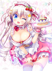 Rule 34 | 1girl, ;d, animal ears, apron, bare shoulders, bear ears, bear girl, bear tail, blue eyes, blush, breasts, cake, candle, cleavage, commentary request, detached sleeves, dress, fang, food, food-themed hair ornament, frilled apron, frills, hair between eyes, hair ornament, hair ribbon, holding, holding plate, large breasts, leaning forward, long hair, looking at viewer, maid, maid headdress, one eye closed, open mouth, original, pink dress, plate, puffy short sleeves, puffy sleeves, red ribbon, ribbon, sasai saji, short sleeves, sidelocks, silver hair, sleeveless, sleeveless dress, smile, solo, sparkle, star (symbol), star hair ornament, strawberry hair ornament, tail, thank you, thighhighs, twintails, very long hair, waist apron, white apron, white thighhighs, wrist cuffs, x hair ornament