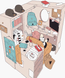 Rule 34 | 1girl, backpack, bag, book, cake, cellphone, clothes, colorized, couch, daisukerichard, drawer, flat color, food, hat, headphones, indoors, monitor, original, paper, phone, pink hair, reading, school uniform, shelf, smartphone, strawberry shortcake, tissue box, white background