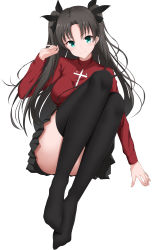 Rule 34 | 1girl, absurdres, black skirt, black thighhighs, blunt bangs, cross print, fate/stay night, fate (series), full body, green eyes, highres, invisible chair, kirikan (cokekiri), looking at viewer, miniskirt, pleated skirt, red shirt, shirt, simple background, sitting, skirt, solo, thighhighs, tohsaka rin, white background