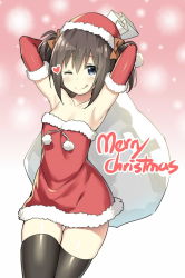 Rule 34 | 1girl, :p, ;q, armpits, arms behind head, arms up, black hair, blue eyes, blush, breasts, christmas, dress, elbow gloves, fur trim, gloves, hair ribbon, hat, highres, looking at viewer, merry christmas, one eye closed, original, red gloves, ribbon, sack, santa costume, santa dress, santa hat, short hair, skindentation, sky-freedom, small breasts, smile, solo, thighhighs, tongue, tongue out, two side up