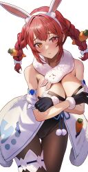 Rule 34 | 1girl, animal ears, black gloves, bow, braid, breasts, brown pantyhose, carrot hair ornament, cleavage, cosplay, don-chan (usada pekora), fake animal ears, food-themed hair ornament, gloves, hair bow, hair ornament, heterochromia, highres, hololive, houshou marine, kobayashi (jna x rgh), large breasts, looking at viewer, pantyhose, parted lips, rabbit ears, red eyes, red hair, short hair, solo, twin braids, usada pekora, usada pekora (1st costume), usada pekora (cosplay), virtual youtuber, white background, white bow, yellow eyes