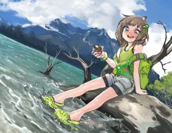 Rule 34 | 1girl, ahoge, artist name, blue eyes, blue sky, blush, brown hair, candy, child, chocolate, chocolate bar, cloud, cloudy sky, crocs, ears, female focus, food, freckles, full body, girutea, green eyes, green footwear, green hair ornament, green tank top, grey shorts, hand up, holding, holding candy, holding chocolate, holding food, indie virtual youtuber, lake, legs, lily hopkins, looking at viewer, messy hair, mountain, mountainous horizon, multicolored eyes, outdoors, shorts, signature, sky, solo, sunlight, tank top, teeth, thighs, tongue, tree, upper teeth only, virtual youtuber, water, woods