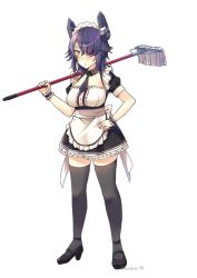Rule 34 | 1girl, alternate costume, apron, bad id, bad pixiv id, black dress, black footwear, black thighhighs, breasts, dress, enmaided, eyepatch, frilled apron, frills, full body, hand on own hip, headgear, high heels, holding, holding mop, kantai collection, kotobuki (momoko factory), large breasts, maid, maid apron, maid headdress, mop, puffy short sleeves, puffy sleeves, purple hair, short hair, short sleeves, simple background, solo, standing, tenryuu (kancolle), thighhighs, waist apron, white apron, white background, wrist cuffs, yellow eyes