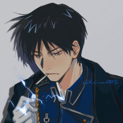 Rule 34 | 1boy, aiguillette, amestris military uniform, black coat, black eyes, black hair, blue jacket, chain, cigarette, close-up, closed mouth, coat, collared jacket, electricity, expressionless, facing viewer, fullmetal alchemist, gloves, grey background, half-closed eyes, hand up, jacket, jitome, light, looking down, male focus, mouth hold, open clothes, open coat, reflection, roy mustang, school uniform, shaded face, shadow, shiro bts, simple background, snapping fingers, sparks, twitter username, uniform, upper body, white gloves