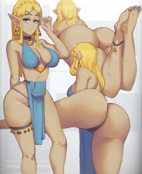 Rule 34 | 1girl, absurdres, anklet, ass, bare shoulders, barefoot, bent over, blonde hair, blue eyes, breasts, cameltoe, cleavage, come hither, elf, from behind, highres, huge ass, jewelry, large breasts, legs, long hair, looking at viewer, nail polish, nintendo, phat smash, pointy ears, princess zelda, shiny skin, sideboob, smile, solo, the legend of zelda, the legend of zelda: breath of the wild, thick thighs, thighs, thong, toenail polish, toenails, triforce, triforce earrings