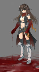 Rule 34 | 1girl, armor, assassin cross (ragnarok online), bat wings, black cape, black gloves, black leotard, black socks, black wings, blood, blood drip, blood splatter, boots, breasts, brown hair, cape, claws, closed mouth, commentary request, demon horns, dripping, elbow gloves, full body, gloves, green eyes, grey background, head wings, high heel boots, high heels, horns, kainohito, kneehighs, leotard, long hair, looking at viewer, medium breasts, navel, pauldrons, ragnarok online, red cape, red scarf, revealing clothes, scarf, shoulder armor, socks, solo, standing, torn cape, torn clothes, torn scarf, two-sided cape, two-sided fabric, waist cape, wings
