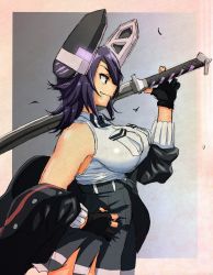 Rule 34 | 1girl, black gloves, black jacket, breasts, commentary request, gloves, graphite (medium), hand on own hip, headgear, highres, holding, holding sword, holding weapon, jacket, kantai collection, mechanical pencil, namakura neo, off shoulder, over shoulder, partially fingerless gloves, pencil, profile, purple hair, shirt, sleeveless, sleeveless shirt, solo, sword, sword over shoulder, tenryuu (kancolle), tenryuu kai ni (kancolle), traditional media, weapon, weapon over shoulder, white shirt