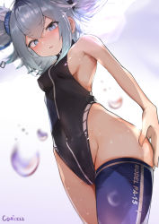 Rule 34 | 1966, 1girl, absurdres, artist name, blue eyes, blue hair, blush, breasts, canizzz, character name, dutch angle, girls&#039; frontline, hand on own thigh, highres, lens flare, leotard, mixed-language commentary, open mouth, pa-15 (girls&#039; frontline), short hair, simple background, single thighhigh, small breasts, solo, sweatdrop, thighhighs, water drop, white background