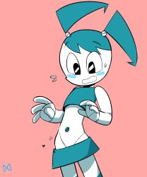 Rule 34 | 1girl, belly, black eyes, blue hair, blue shirt, blue skirt, blush, blush stickers, colored skin, convenient censoring, crop top, female focus, flustered, flying sweatdrops, grey skin, highres, jenny wakeman, lakilolom, miniskirt, my life as a teenage robot, navel, nickelodeon, no panties, open mouth, pink background, pussy, pussy peek, robot, screw, shirt, simple background, skirt, solo, standing, sweatdrop, twintails, uncensored, wardrobe error, wardrobe malfunction