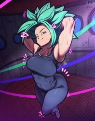 Rule 34 | 1girl, abs, alternate costume, armpits, arms up, blue eyes, blue hair, boots, breasts, d-art, dragon ball, dragon ball super, earrings, floating, full body, highres, jewelry, kefla (dragon ball), large breasts, long hair, muscular, muscular female, pants, potara earrings, room, saiyan, shaking, signature, smile, spiky hair, sportswear, thighs, window