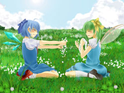 Rule 34 | 2girls, ankle socks, bad id, bad pixiv id, blue dress, blue hair, blue sky, bow, cirno, cloud, clover, clover (flower), daiyousei, day, dress, closed eyes, fairy wings, female focus, flower, giving, grass, hair bow, hair flower, hair ornament, mary janes, meadow, multiple girls, outdoors, parted lips, puffy sleeves, religious offering, rinriki, shoes, short hair, short sleeves, side ponytail, sitting, sky, smile, socks, thighhighs, touhou, wariza, wings, wreath