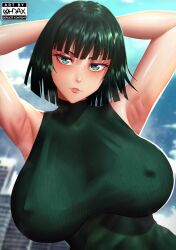 Rule 34 | 1girl, armpits, arms behind head, arms up, artist logo, artist name, blunt bangs, breasts, covered erect nipples, dress, eyelashes, female focus, fubuki (one-punch man), green dress, green eyes, highres, huge breasts, looking at viewer, ohdax, one-punch man, parted lips, short hair, sleeveless, turtleneck, turtleneck dress, upper body