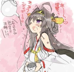 Rule 34 | 10s, araki kanao, bare shoulders, blush, brown hair, detached sleeves, kantai collection, kongou (kancolle), long hair, nontraditional miko, one eye closed, open mouth, pouring, purple eyes, sketch, solo, spilling, teapot
