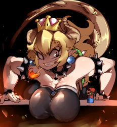 Rule 34 | 1girl, bad id, bad pixiv id, bare shoulders, black dress, blonde hair, bowsette, bracelet, breasts, collar, crown, doppel (bonnypir), dress, earrings, eyelashes, fangs, giant, giantess, grin, highres, horns, jewelry, large breasts, lizard tail, mario, mario (series), new super mario bros. u deluxe, nintendo, pointy ears, red eyes, slit pupils, smile, solo focus, spiked bracelet, spiked collar, spikes, super crown, tail