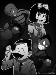 Rule 34 | 3boys, bandaid, bandaid on face, black background, bow, buttons, closed eyes, commentary, crossdressing, evil grin, evil smile, formal, gradient background, greyscale, grin, hair bow, hand on own hip, highres, looking at object, looking at viewer, male focus, matsuno osomatsu, monochrome, multiple boys, multiple persona, multiple views, neckerchief, necktie, osomatsu-kun, osomatsu (series), pleated skirt, robbery, sailor collar, scared, school uniform, serafuku, sharp teeth, shaved head, shirt, skirt, smile, striped clothes, striped shirt, suit, sweatdrop, t-madoma, taabou (osomatsu-kun), teeth, thick eyebrows, tougou (osomatsu-kun), trap, twitter username, waving, wig