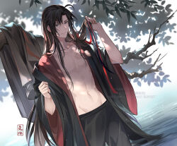 1boy ahoge black_hair black_hanfu black_pants branch chest_tattoo chinese_clothes closed_mouth collarbone commentary hair_between_eyes hair_ribbon hands_up hanfu long_hair long_sleeves looking_at_viewer male_focus modao_zushi navel open_clothes pants parted_bangs pectorals purple_eyes red_ribbon ribbon sidelocks smile solo standing stomach symbol-only_commentary tattoo tree unworn_clothes usagishi very_long_hair wading water wei_wuxian wet wet_clothes wet_hair wide_sleeves