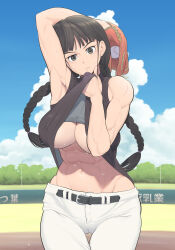 1girl abs absurdres baseball baseball_glove belt black_hair braid breasts clothes_lift cloud cloudy_sky cocked_eyebrow highres muscular muscular_female no_bra original pants shirt shirt_lift sky sleeveless sleeveless_shirt stomach summer sweat thigh_gap white_pants yas66