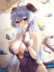 Rule 34 | 1girl, absurdres, ahoge, bare shoulders, blue hair, breasts, bug, butterfly, cleavage, cleavage cutout, clothing cutout, ganyu (genshin impact), genshin impact, gradient eyes, hair between eyes, hando 2020, highres, horns, insect, large breasts, leotard, long hair, multicolored eyes, playboy bunny, playing with own hair, purple eyes, sidelocks, solo, strapless, tail